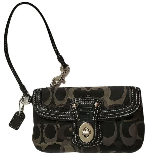 Coach Signature Wristlet Clutch Purse Flap Black Brown Wallet Strap Turn Lock - Picture 13 of 13
